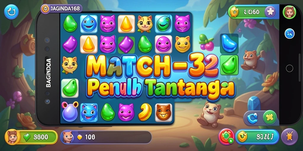 Tangkapan layar BAGINDA168 menunjukkan pengalaman gameplay Match-3 yang seru dan penuh warna.
