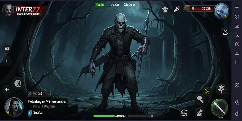 Screenshot gameplay INTER77 menunjukkan suasana mencekam dan makhluk menakutkan.