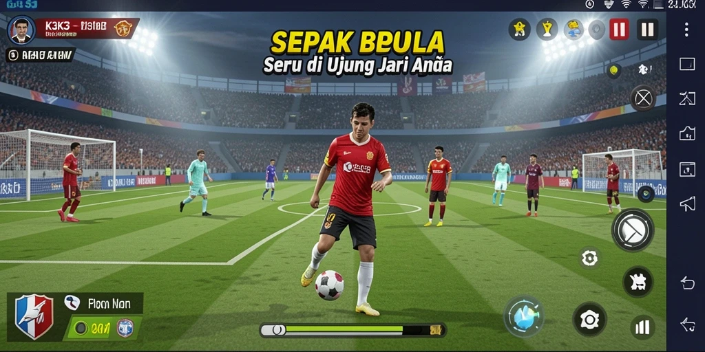 Screenshot gameplay K3K3 yang menampilkan aksi sepak bola yang mendebarkan.
