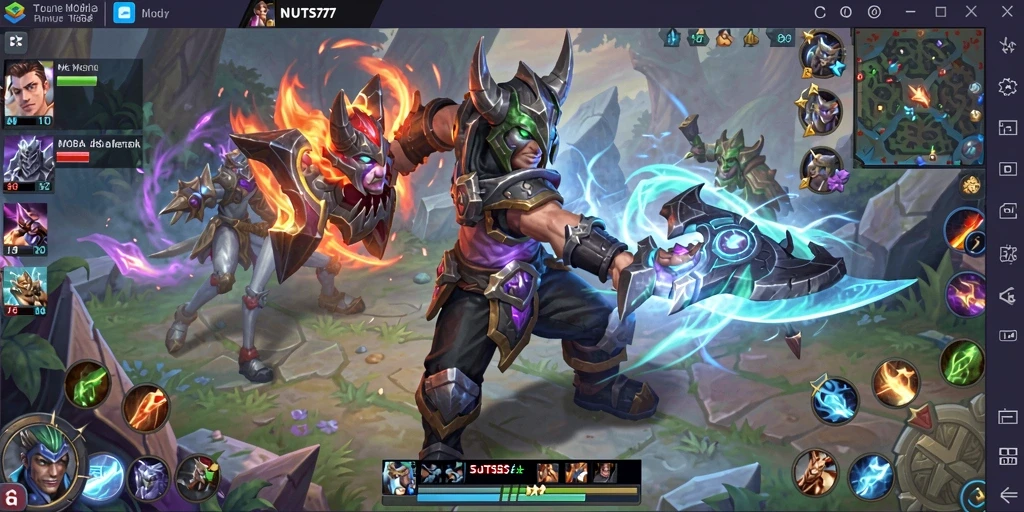 Tampilan gameplay <strong>NUTS777</strong> saat bertarung di arena MOBA.
