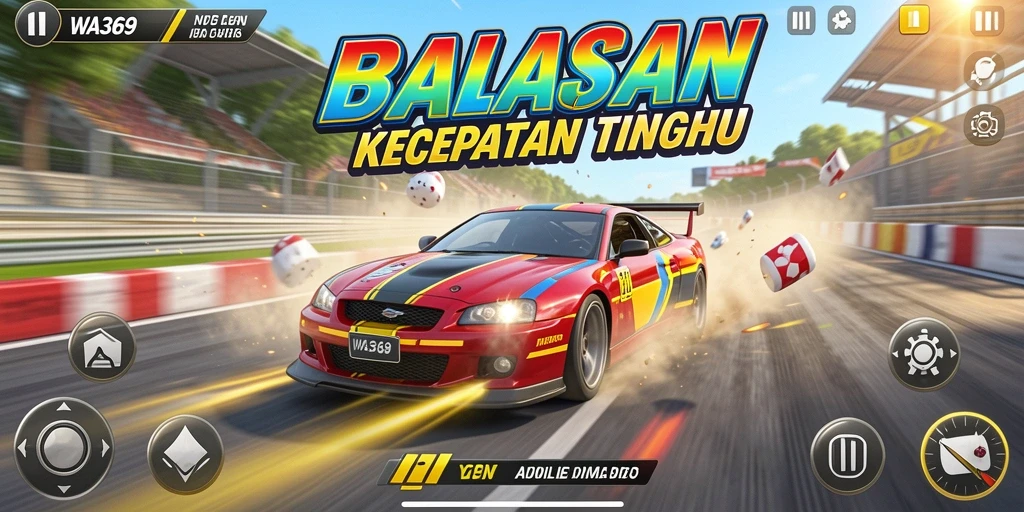 Screenshot gameplay WA369 menampilkan balapan mendebarkan dengan mobil yang cepat.